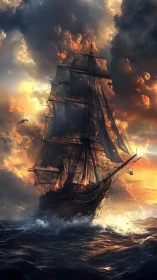 Baroque luminous stormscape with burning full-rigged warship.