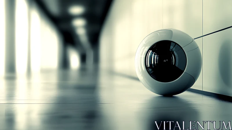 Futurist 3D surveillance orb in high-key corridor setting.