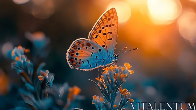 Sunset-winged butterfly sipping light in twilight garden.
