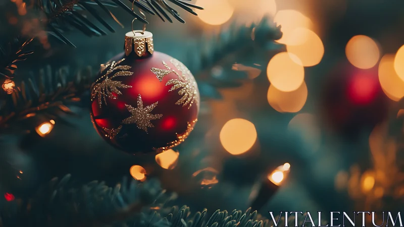 Red glass ornament on lit evergreen branch at close range.