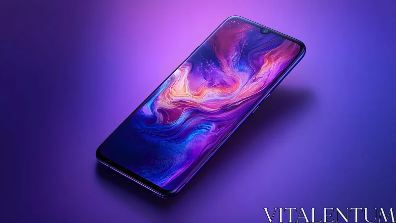 Modern smartphone with vibrant abstract display, purple gradient background.