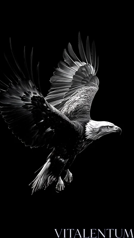 Black and white bald eagle in mid flight on dark background.