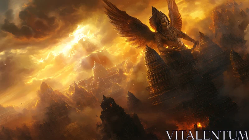 Winged mythic guardian above burning temple megastructures