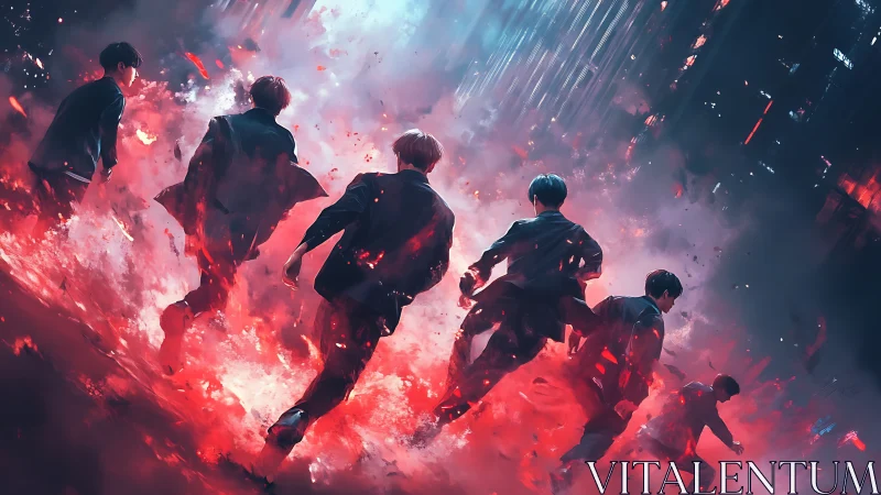 Six suited figures running through red smoke and sparks.