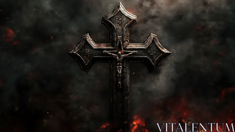 Weathered crucifix glows gently against smoke and embers.
