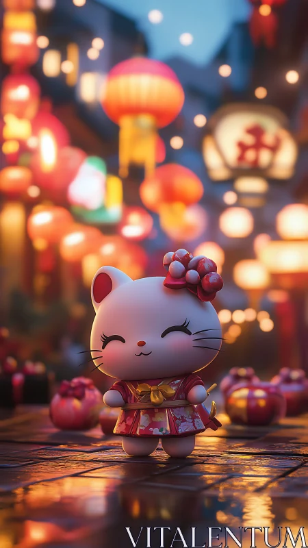Lucky cat toy glows warmly under festive lantern lights