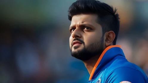 Focused cricket player gazes ahead with calm determination.