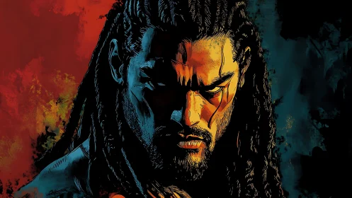 Fierce warrior portrait glowing in bold fiery shadows.