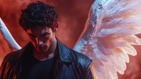 Brooding winged male portrait under cinematic red blue light.
