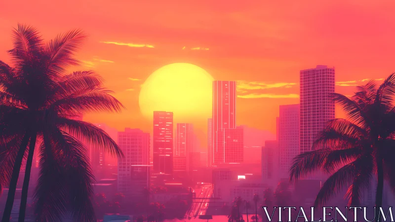 Digital city skyline with palm silhouettes under large sun
