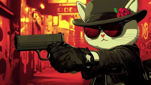 Anthropomorphic gunslinger cat in neon alleyway standoff.