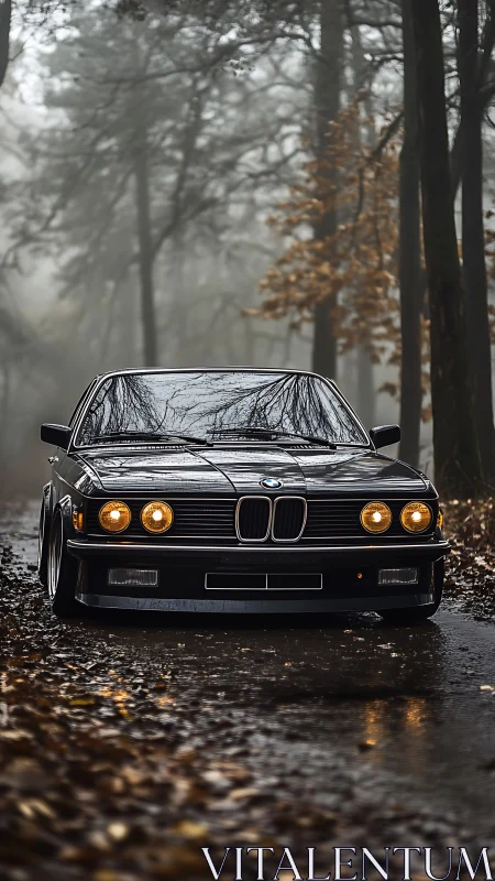 Classic BMW coupe on wet forest road in autumn fog.