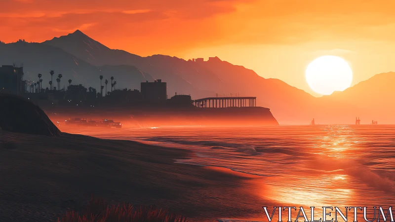 Golden sunset bathes a peaceful coastal pier and mountains