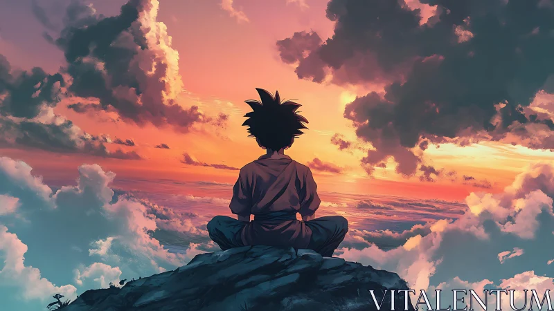 Meditating youth on cloud summit under radiant sunset sky.