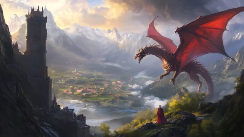 Scarlet dragon soaring above a sunlit mountain kingdom.
