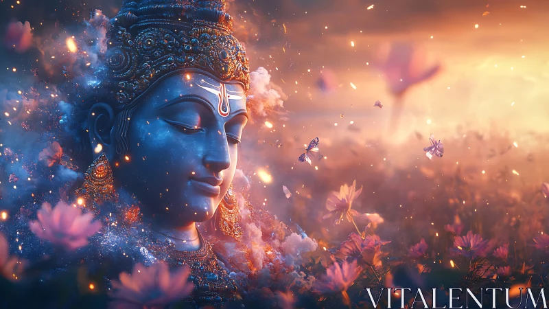 Celestial blue deity rendered in cosmic floral haze and ember-lit dusk