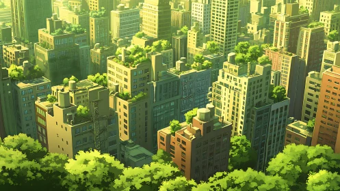 Urban high rise district with extensive rooftop greenery.