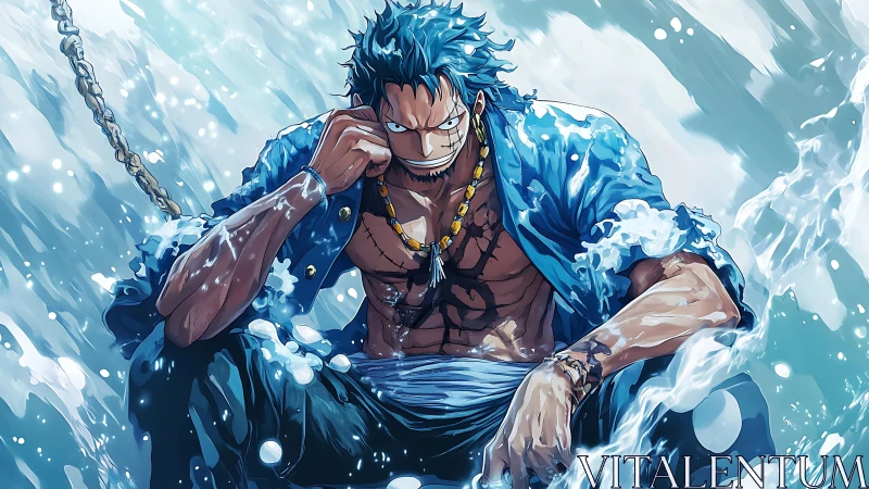 Storm-bitten sea warrior crouched in a roar of blue fury.