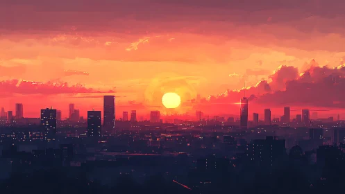 Fiery sunset settles over a distant futuristic city skyline