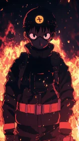 Anime firefighter in dark gear against intense flames