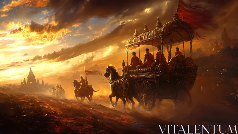 Sunset chariot procession racing toward a myth-lit temple.
