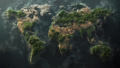 Forested world map rendered as floating terrestrial continents.