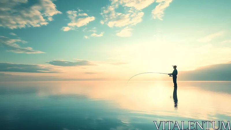 Silhouetted angler stands in shallow reflective water at low sun