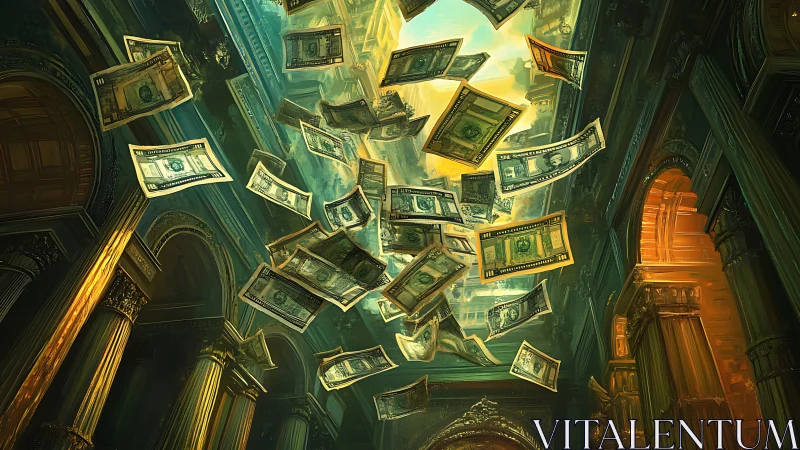 Dollar bills swirl through glowing neoclassical hall.