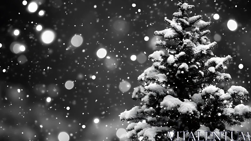 Snow laden conifer tree framed by bokeh-lit monochrome snowfall