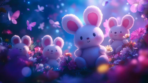 Moonlit bunny garden where plush dreams flutter softly.