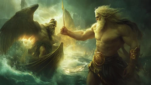 Mythic maritime confrontation between two armored deities.