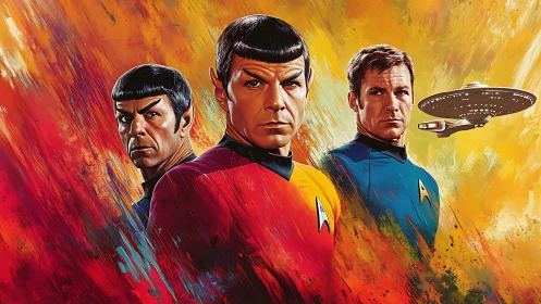 Starfleet officers and starship against abstract color field.