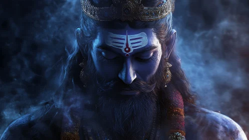 Digital painting portrait of meditative blue-skinned deity figure.