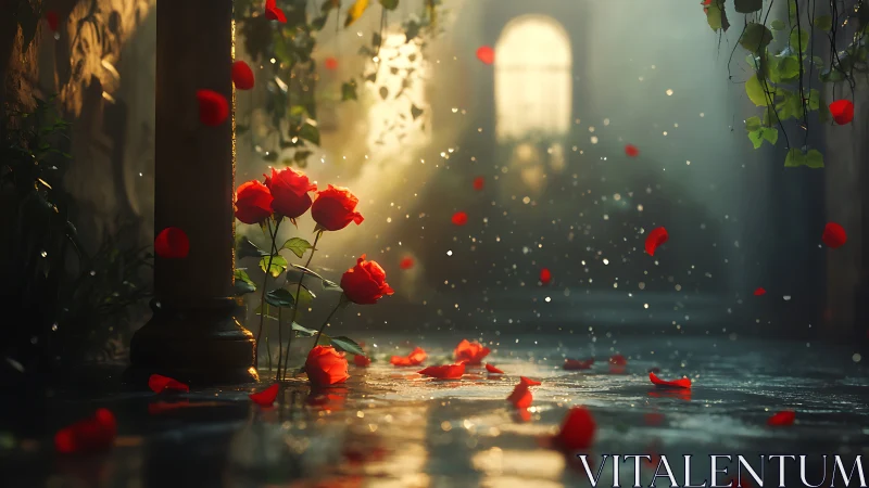 Volumetric light rendering through architectural interior with red roses and particle effects