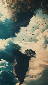 Vertical floating rock formations intersect cloud-filled sky