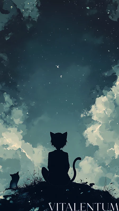 Feline Silhouette with Companion Observing Stellar Sky and Cumulus Cloud Formation