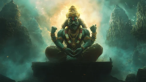 Colossal four-armed deity seated before mist-shrouded temple spires