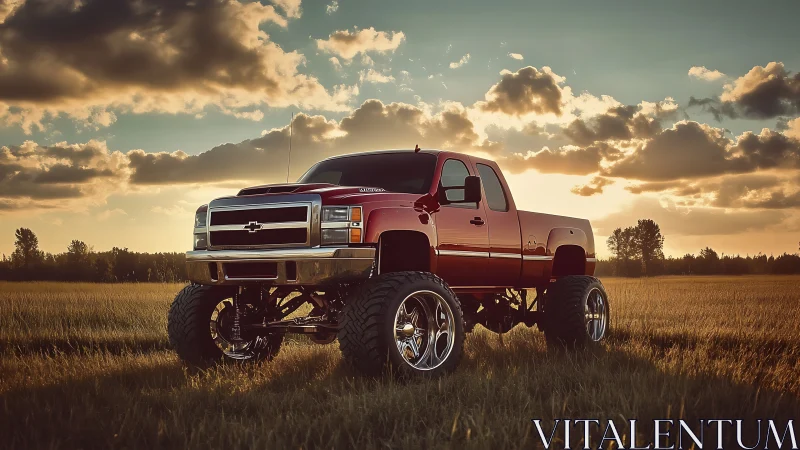 Lifted red pickup truck gleams against a golden prairie sunset