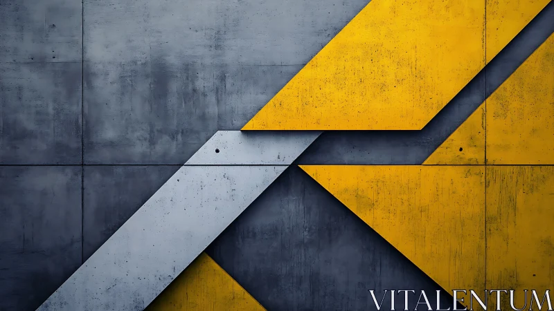 Geometric concrete panels intersect with yellow metal forms