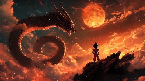 Skyfire dragon coils above lone warrior and burning moon.