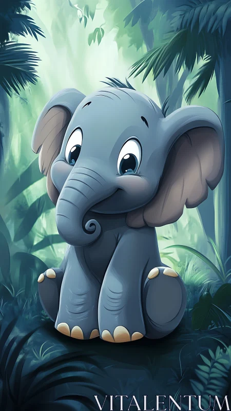 Cute baby elephant smiles softly inside misty jungle