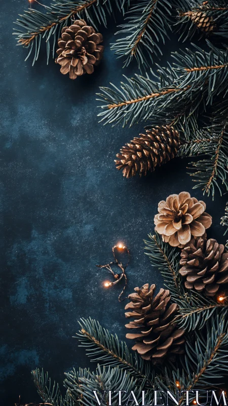 Pine branches and cones border dark textured background