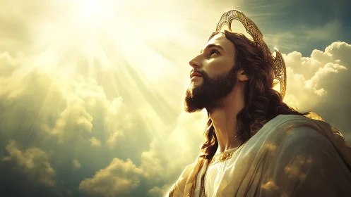 Radiant Christ figure gazes toward blazing heavenly light