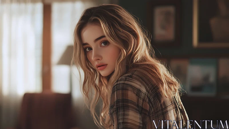 Gentle light on a thoughtful young woman in a cozy room.