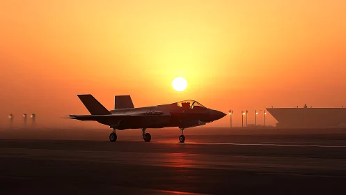 Stealth jet silhouette taxiing through atmospheric sunrise haze.