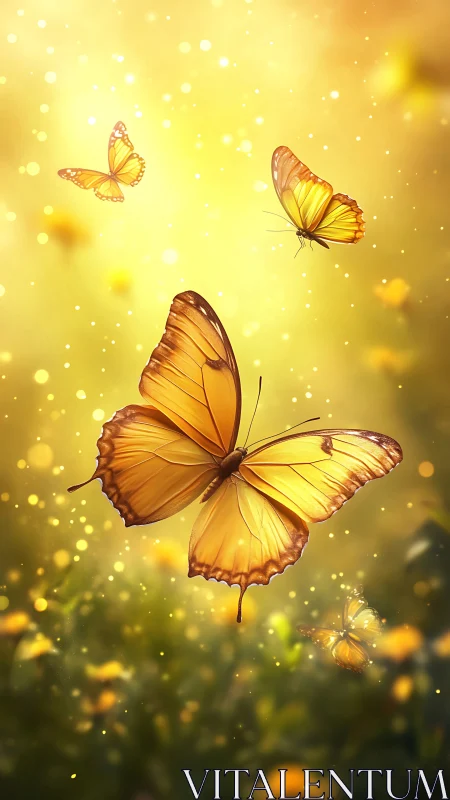 Golden butterflies drift through luminous bokeh meadow light