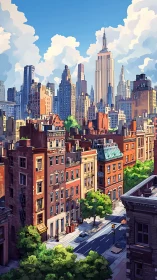 Sunlit city street welcomes a colorful downtown skyline