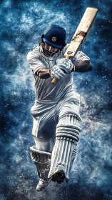 Dynamic cricket batsman in cosmic motion, digital painting.