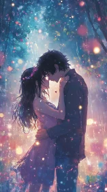 Romantic couple embrace in luminous rain-soaked forest.