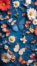 Butterflies and daisies arranged on deep blue floral field.